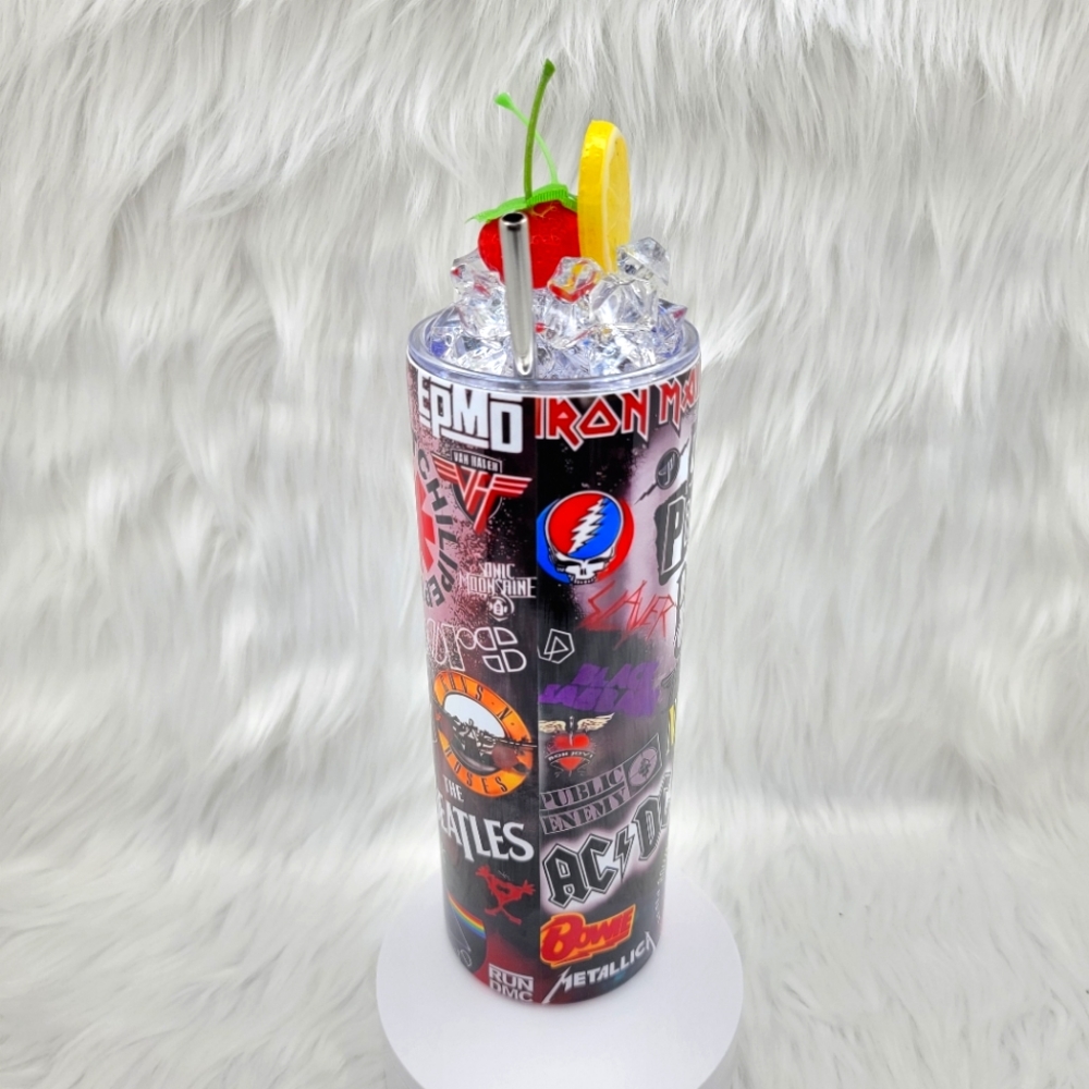 Rock music bands skinny tumbler drinking cup 20 Oz. with ice topper. - Picture 2 of 6